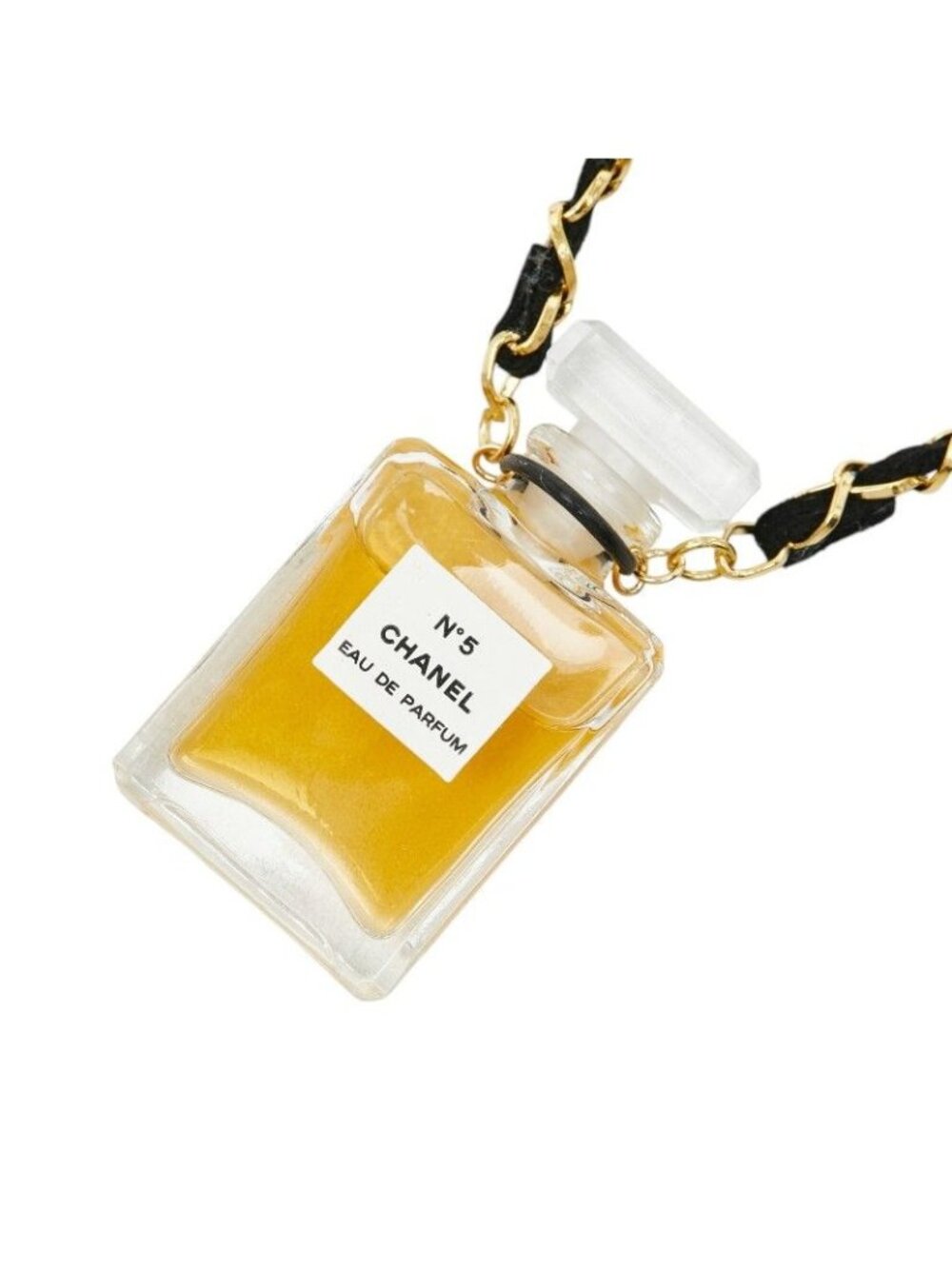 Chanel Perfume Bottle Necklace Clear Black Gold Plated Fabric 1
